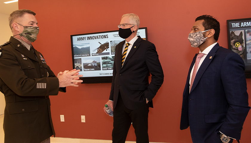 Army Chief of Staff Gen. James C. McConville speaks with Acting Defense Secretary Christopher C. Miller and Miller’s Chief of Staff Kash Patel, at the opening of the National Museum of the United States Army, Fort Belvoir, Va., Nov. 11, 2020. (DoD photo by Lisa Ferdinando)